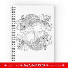 a spiral notebook with two koi fish on it and the text journal journals 2 get 15 % off