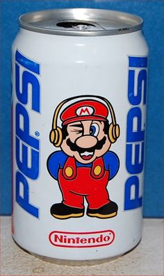 a can of soda with an image of mario on it