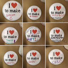 buttons with words and hearts on them are arranged in multiple squares to spell i love to make art