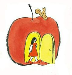 an apple with a girl inside and a cat on top of it, in front of the door