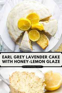 lemon cake with white frosting and sliced lemons