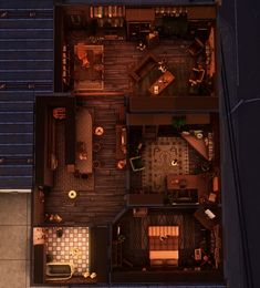 an overhead view of a house from above at night with lights on and furniture in the living room