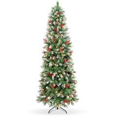 a christmas tree with red, white and green ornaments on it's branches is shown