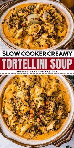 The BEST winter comfort food idea! This Slow Cooker Creamy Tortellini Soup recipe features pasta, veggies, and Italian sausage in a delicious creamy broth. Serve this winter soup for a perfect family-friendly dinner! Creamy Tortellini Soup, Family Friendly Dinners, Winter Comfort Food, Tortellini Soup, Winter Soups, Easy Soup, Easy Soups, Easy Soup Recipes, Italian Sausage