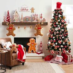 a living room decorated for christmas with gingerbread decorations