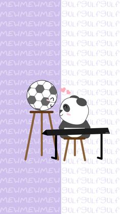 a panda bear sitting at a table with a soccer ball on it's head