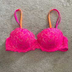 Never Worn Victoria’s Secret Pink Bra. Color Is Hot Pink And Orange. Size 34b Pink Bras Victoria Secret, Pink Push-up Bra With Lace Trim, 2000s Love, Hot Pink Bra, Pink Bras, Cute Bra, Vs Pink Bras, Celtic Goddess