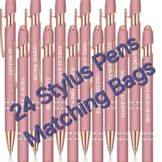 twelve pink pens with gold tips are lined up in a row and the words, 25 styles