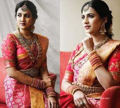 two photos of a woman in red and gold sari sitting on a red couch