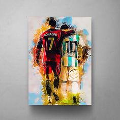 a painting of two soccer players walking towards each other with their arms around each other