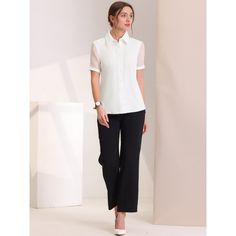 This solid shirt top adds to your choice for the summer. With the design of the point collar and sheer short sleeves, this top can make you look slim. Perfectly pair it with pants or skirts for a work style. Suitable for many occasions, work, formal, business casual, daily wear, casual, weekend gathering, dating, etc. Chiffon Office Lady Blouse, Elegant Half Sleeve Summer Shirt, Elegant Solid Short Sleeve Shirt, Elegant Solid Color Short Sleeve Shirt, Chic Chiffon Shirt For Work, Chic Chiffon Shirt For Workwear, Solid Short Sleeve Blouse For Office, Short Sleeve Blouse For Office, Business Casual Summer Blouse With Button Closure