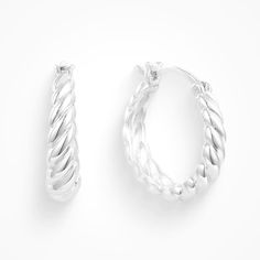 - Croissant earrings - Hoop earrings - Click-down clasp - 14 karat gold or silver plated - Size: 15 mm - Width: 4.1 mm - 5.4 mm Diamond Clothing, Twisted Earrings, Nashville Outfits, Belly Rings, Dainty Necklace, Silver Hoops, Jewelry Inspo, Silver Hoop Earrings, Cute Earrings