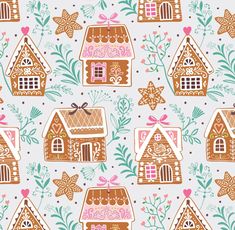 gingerbread houses and stars on a white background