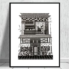 a black and white drawing of a building with an awning on the top floor