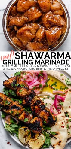 two plates with different types of food on them and the words shawama grilling marinade