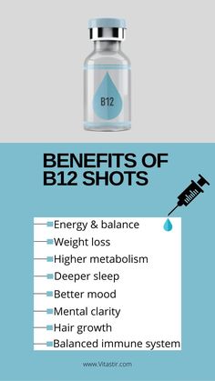 B12 Shot Benefits in multiple ways. It helps improve energy levels, boost metabolism, burn fat & aid in deficiency. Vitamin B12 shot helps boost body’s energy levels by preventing fatigue, helps in weight loss & lowers heart disease risks. Also essential for the health of your skin, hair & nails. Its other benefits include boosting brainpower by slowing down memory loss, alleviating anxiety & aiding sleep. Kindly visit VITAstir website, Call us or email us at info@vitastir.com for more info Benefits Of Vitamin B12 Injection, Vitamin B12 Injections Benefits, B12 Injections Benefits Of, B12 Shots Before And After, Vitamin Iv Therapy, Matcha Toast, Iv Business, Vitamin Shots