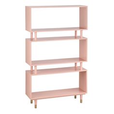 a pink shelf with three shelves on each side