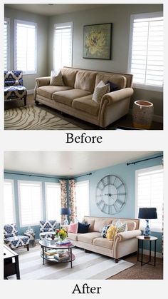 before and after pictures of a living room