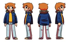 three different poses of a boy with red hair and blue jacket, standing in front of the