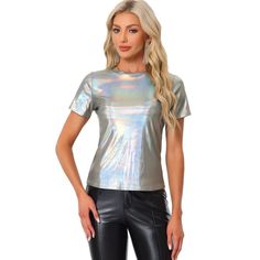 Elevate your wardrobe with the Allegra K Women's Metallic Short Sleeve T-shirt, perfect for any Halloween party or glamorous evening event. This eye-catching top is crafted from a uniquely textured fabric that shines in a metallic hue, designed to flatter and accentuate the feminine silhouette.

- Material: Textured fabric
- Color: Shiny Silver
- Size: Small
- Gender: Female
- Features: Short sleeves, round neckline

The regular fit ensures comfort while maintaining a sleek and stylish look. Pai Prom Costume, Leggings And Heels, Metallic Shorts, Glitter Shirt, Multi Color Blouse, Halloween Long Sleeve, Party Tops, Pantalon Large, Ladies Party