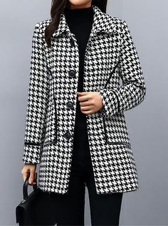 Winter Coat Short, Fall Winter Coat, Houndstooth Coat, Puffy Coat, Houndstooth Jacket, Long Sleeve Outerwear, Plus Size Coats, Wool Peacoat, Collared Coat