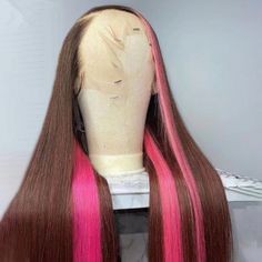 Brown human hair wig with vibrant pink skunk stripes on a mannequin head, showcasing 13x4 lace frontal with transparent lace front, straight texture, and pre-plucked hairline. Pink Skunk Stripe, Wigs Pink, Skunk Stripe, Straight Human Hair Wigs, How To Wear A Wig, Long Human Hair Wigs, Virgin Hair Wigs, Beautiful Wigs, Human Virgin Hair