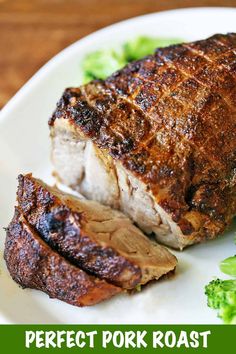 a piece of meat on a plate with broccoli and the words easy pork roast