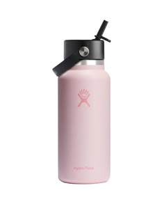 the hydro flask water bottle is pink with a black lid and stainless steel cap