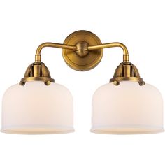 two light bathroom fixture with frosted glass shades on the bottom and gold metal arms