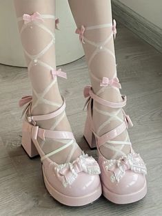 Bow Accents Pink High Block Heel Sweet Mary Janes Buckle Ankle Strap Lolíta Shoes, Gyaru Shoes, Cute Pink Heels, Cute Pink Shoes, Pink Mary Jane Shoes, Pink Mary Janes, Pink Platform Shoes, Princess Heels, Heel Mary Janes