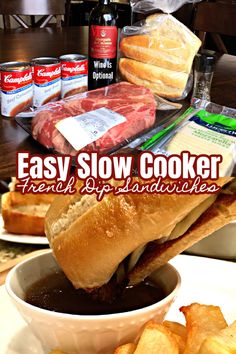 an easy slow cooker recipe for french dip sandwiches and other meats is on the table