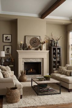 a living room filled with furniture and a fire place in the middle of a room