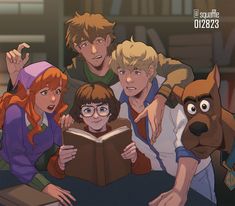 an animated image of some people and a dog looking at a book with their eyes closed