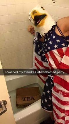 a woman in an american flag outfit is brushing her teeth and the caption reads, i crashed my friend's british - themed party