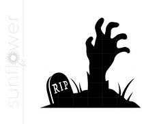 a black and white silhouette of a zombie hand coming out of a grave with the word rip on it