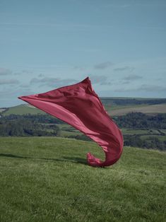 a red cloth blowing in the wind on top of a lush green field