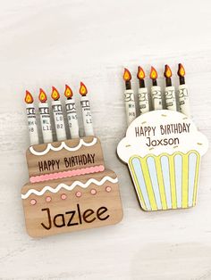 personalized birthday cupcake magnets with candles and name on them, set of 2