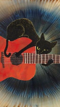 a painting of a black cat sitting on top of a red guitar with an orange frisbee