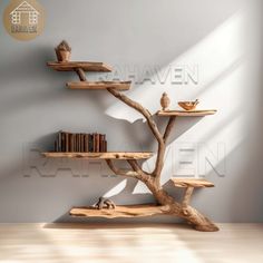 a wooden shelf with books on it in the shape of a tree and some other items