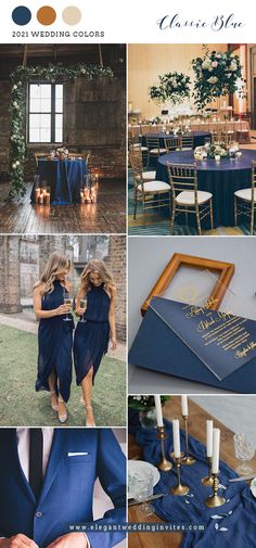 a collage of photos with blue and gold wedding color palettes in different colors