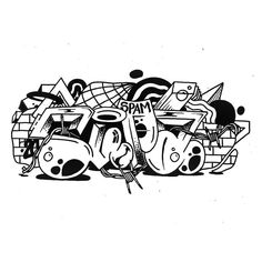 a black and white drawing of some type of graffiti