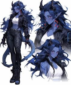 an image of a woman with blue hair and demon makeup, wearing black leather clothes