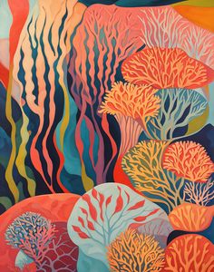 an abstract painting of corals and seaweed