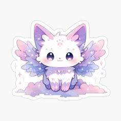 a cute little white cat with wings sitting in the clouds sticker on a white background