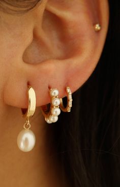 A classic and elegant touch to your ear stack! In Stock. Bridal Ear Stack, Earring Stacks With Pearls, Bridal Earring Stack, Triple Tier Pearl Earrings, Gold And Pearl Ear Styling, Stacked Pearl Earrings, Bridal Earring, Earring Stack, Wedding Earring