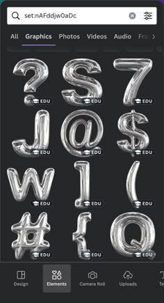 an iphone screen with the alphabet and numbers in chromed silver foil on black background