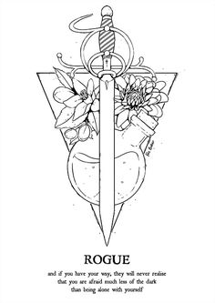 a black and white drawing of a dagger with flowers on it, the words roque are