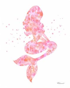 the silhouette of a mermaid with pink watercolor paint