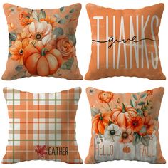 three pillows with pumpkins and flowers on them, one says thanks to the other