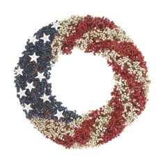 an american flag wreath made out of red, white and blue beads on a white background